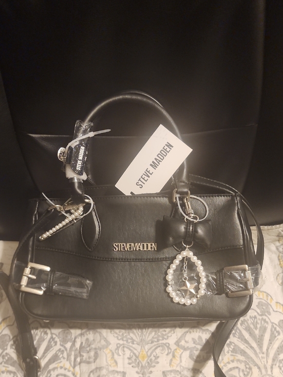 Steve Madden Handbags - Steve Madden Black Satchel with Pearl Dangle and Bow Charm